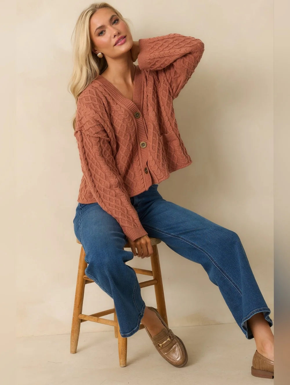 Red Dress Boutique Cable Knit Button-Front Sweater Cardigan - Rust - Picture 2 of 5